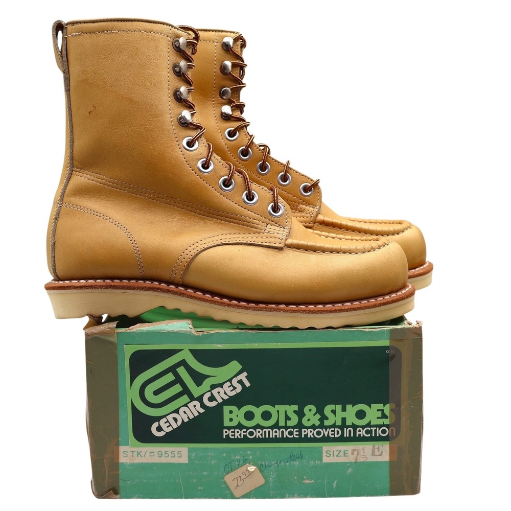 Cedar Crest Moc Toe Work Boots Mens 7.5 E Vintage Tan Leather Wedge Sole 9555